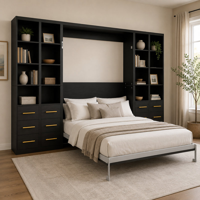 Grand lit escamotable Moorebank avec 4 armoires latérales intégrées, système de lit mural peu encombrant, structure en métal robuste (capacité de 1102 lb), assistance hydraulique, lit rabattable moderne