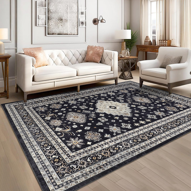 5 x 7 ft Polyester  Black Rectangular Area Rug Flower Printed Persian Foldable Washable for Hallway Bathroom Entryway Kitchen Office