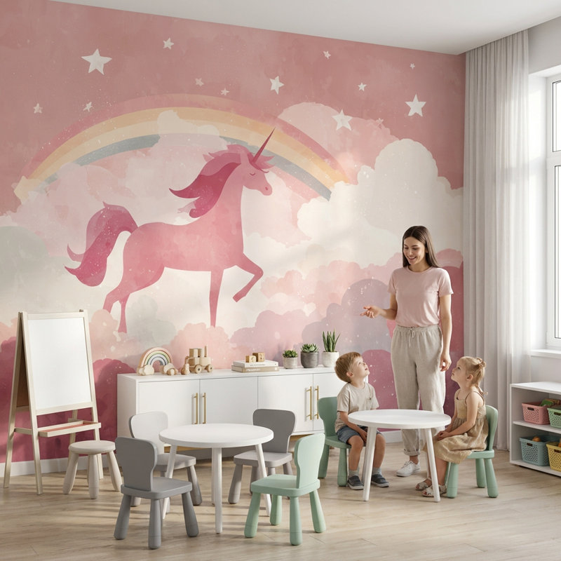 Papier peint licorne arc-en-ciel nuage amovible double rouleau, 120 po x 96 po, Peler et coller