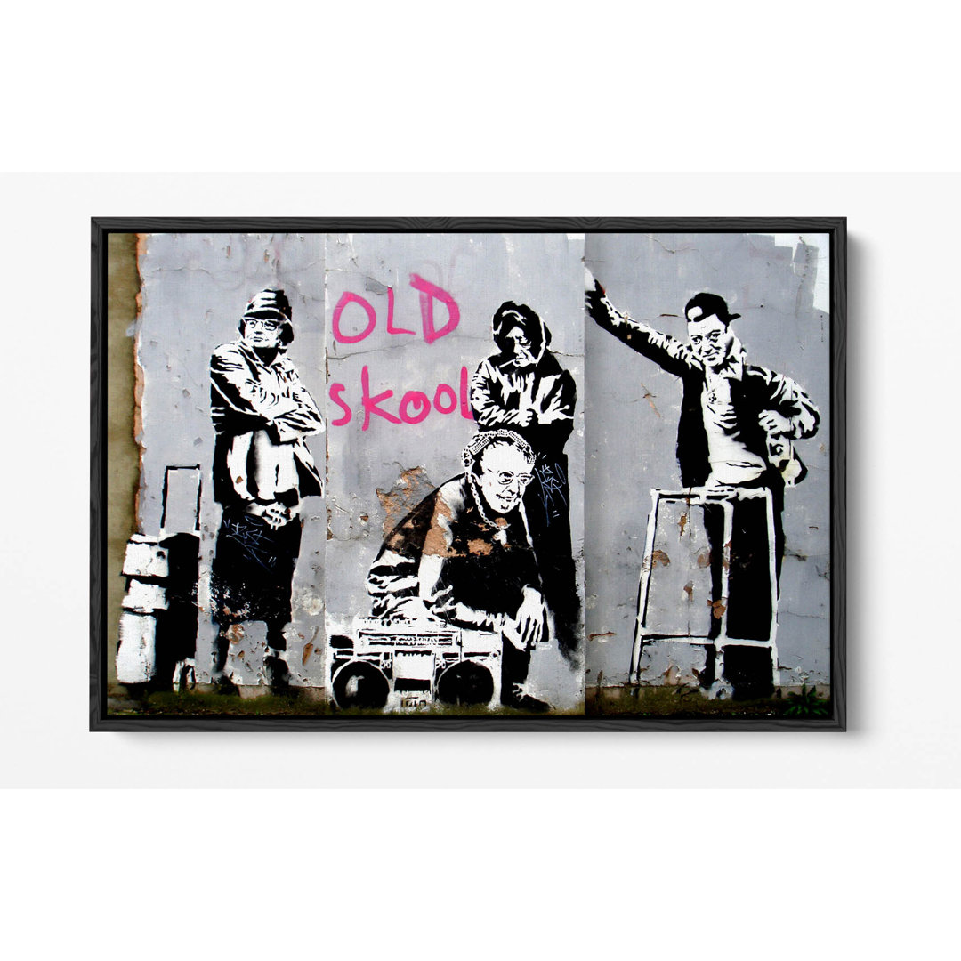 Banksy Old Skool Graffiti Canvas Floater Print Picture Art - Walnut Frame