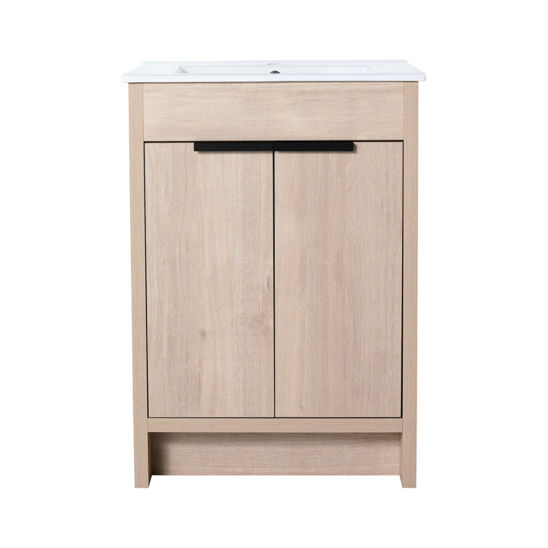 Meuble-lavabo de salle de bain autoportant 24 po, porte à fermeture douce, chêne brut, contreplaqué, tablettes réglables pour meuble de rangement élégant, séduisant