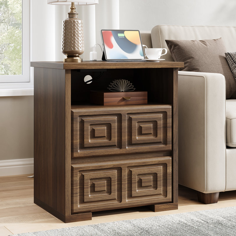 Modern Nightstand With Charging Station, 2 Drawer Bedside Table With USB & AC Outlets, Walnut Wood End Table With Open Shelf, Handleless Bedroom Night Stand