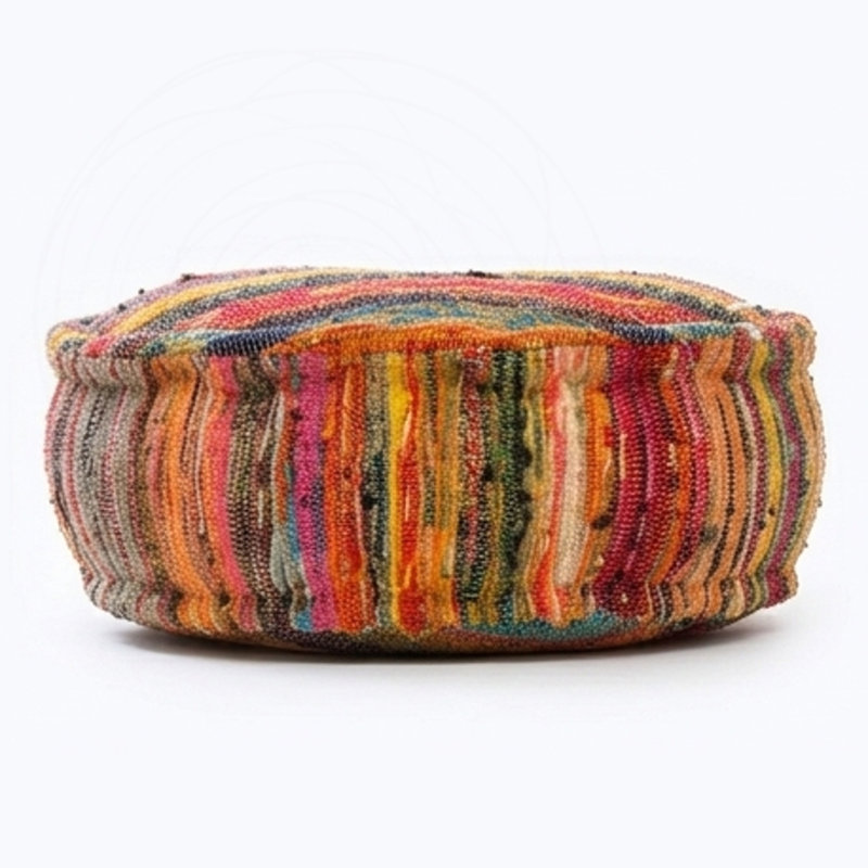 Repose-pieds rond en tissu Chindi tissé à la main et rembourré en polyester