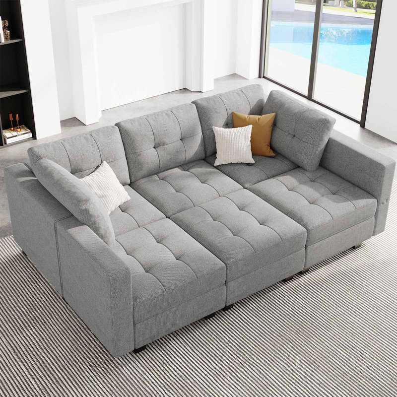 Canapé modulaire rembourré 7 pièces Soneson, Lin gris pâle