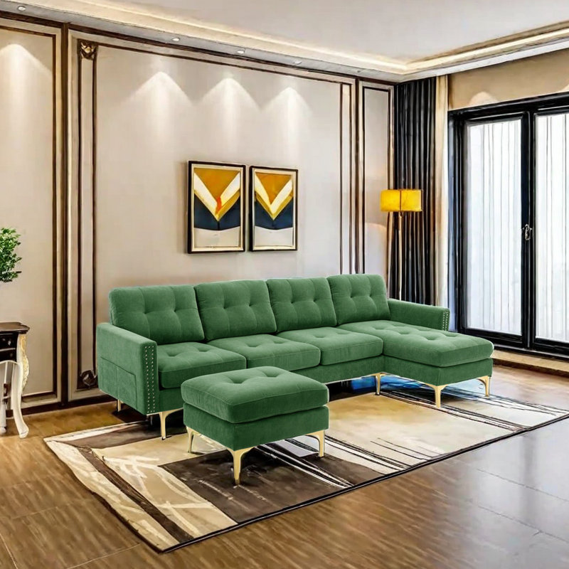 Canapé modulaire rembourré 3 pièces avec repose-pieds Bethanne, Velours vert