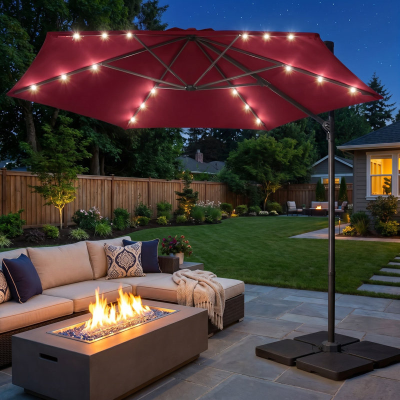 Parasol de patio en porte-à-faux décalé de 10 pi, lumières chaudes à économie d'énergie à DEL à énergie solaire, auvent imperméable résistant à la décoloration UV50 + et cadre résistant à la rouille