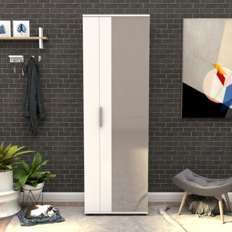 Armoire à chaussures moderne avec porte miroir, blanc, 23,6 po x 73,6 po x 13,8 po | 100% panneau de particules enduit de mélamine, épaisseur: 0,6 pouce | Conception murale, nombreuses tablettes pour le rangement organisé