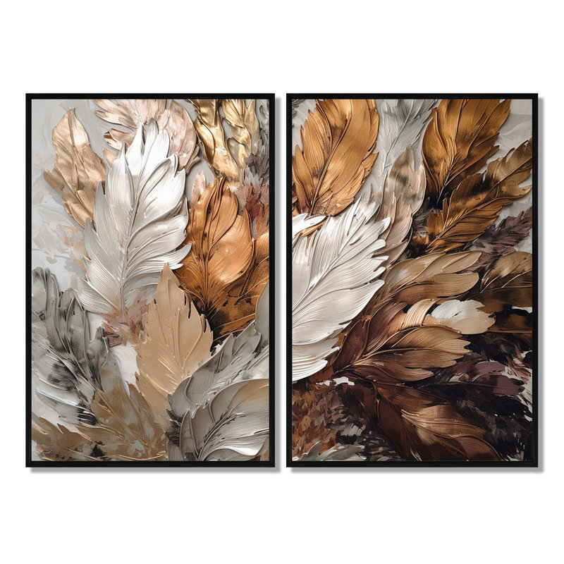 «Gold Feather Extravaganza IV - Floral Glam Feather», reproduction d'art sur toile, Black, 36" H x 48" W
