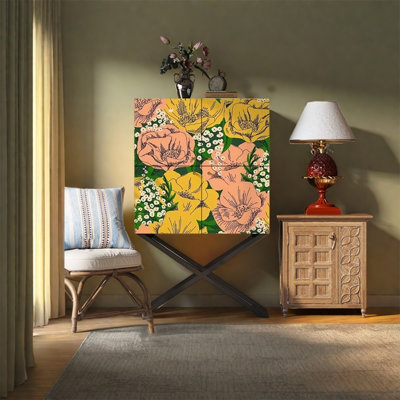 Four-Door Pine Storage Cabinet with Steel Legs