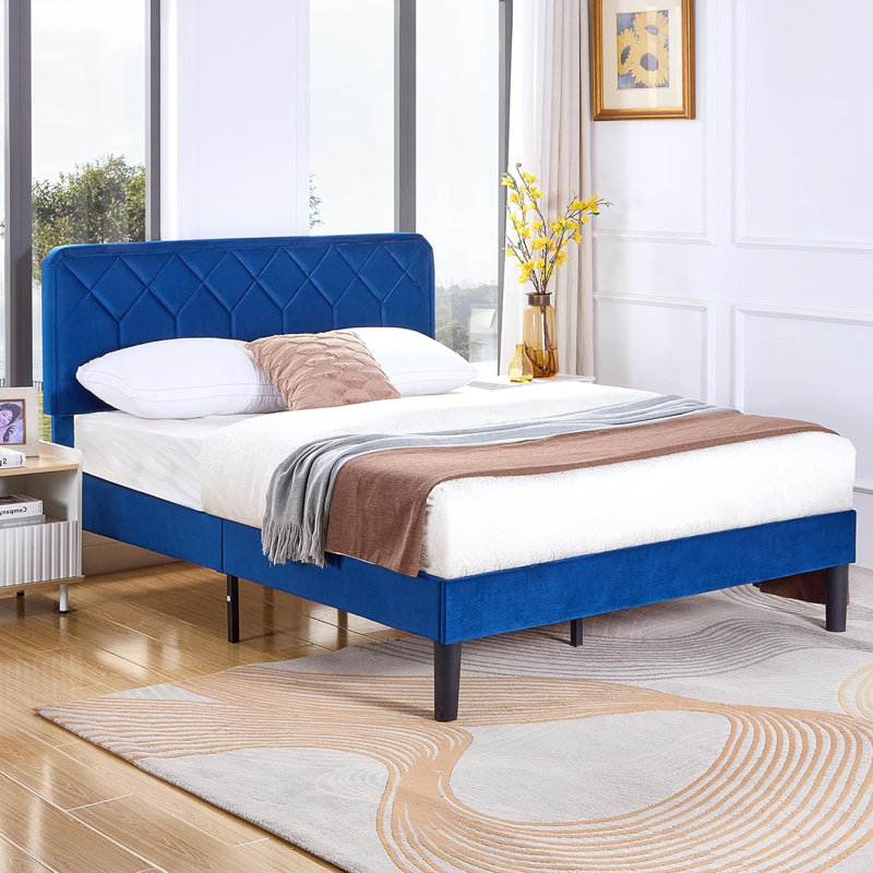 Queen Platform Bed Frame with Velvet Upholstered Headboard and Wooden Slats Support, Mattress Foundation/No Box Spring Needed
