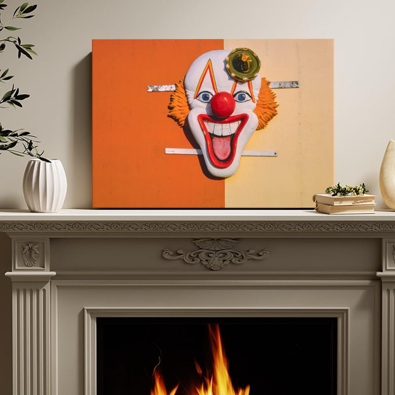 Art mural encadré sur toile, visage de clown fixé au mur, couleurs vives, style Pop Art. Décoration murale, grande œuvre d'art pour le salon, prête à être suspendue, 24 po x 36 po