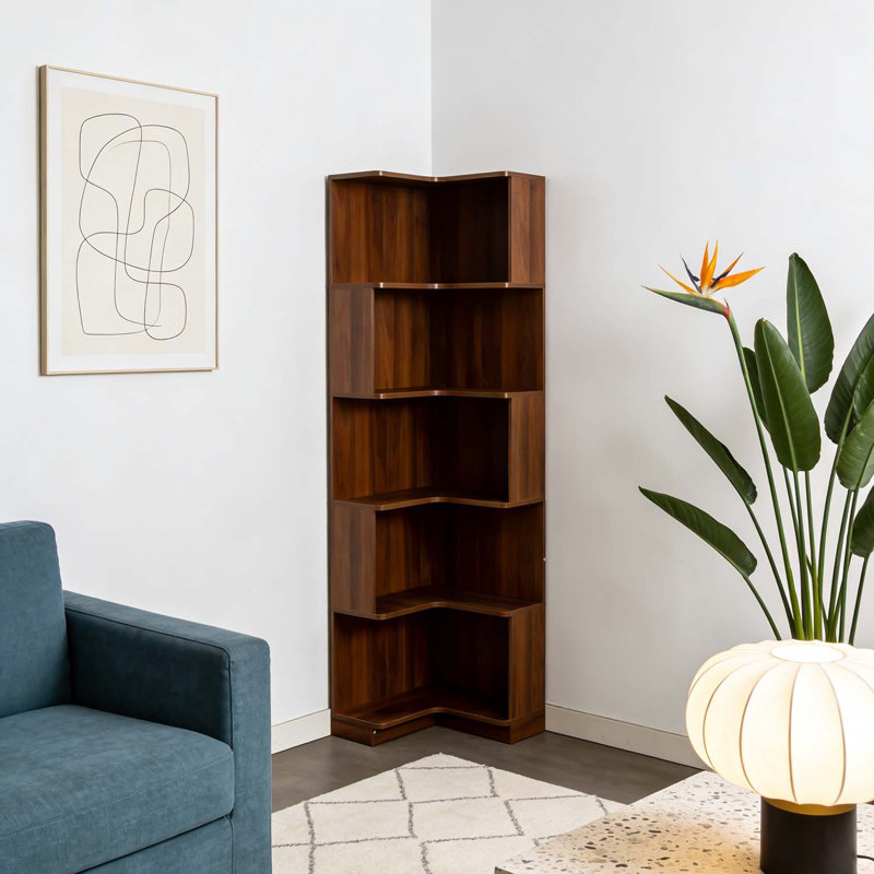 5 Tier L-Shaped Bookcase with Baffle and LED Lights,Space-Saving and Stylish for Home Office, Walnut