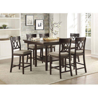 Dark Brown Finish Counter Height Table with Lazy Susan Lower Display Shelf and 6x Counter Height Chairs Contemporary Dining 7pc Set Wooden Furniture