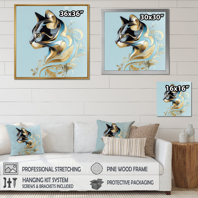 «Playful Glam Geode Cat I», reproduction sur toile, Reproduction encadrée, Noir, 16" H x 16" W
