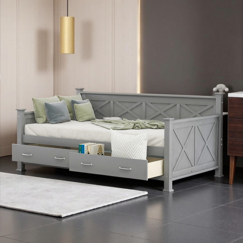 Rustic-Chic Twin Daybed with X-Frame & 2 Storage Drawers – Space-Saving Sleeper Sofa in Grey, Grey
