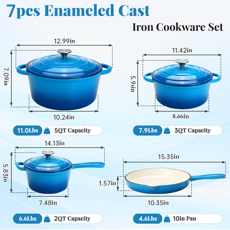 Batterie de cuisine Pirecart en fonte émaillée antiadhésive, 7 pièces, compatible gaz/induction, bleue, Bleu