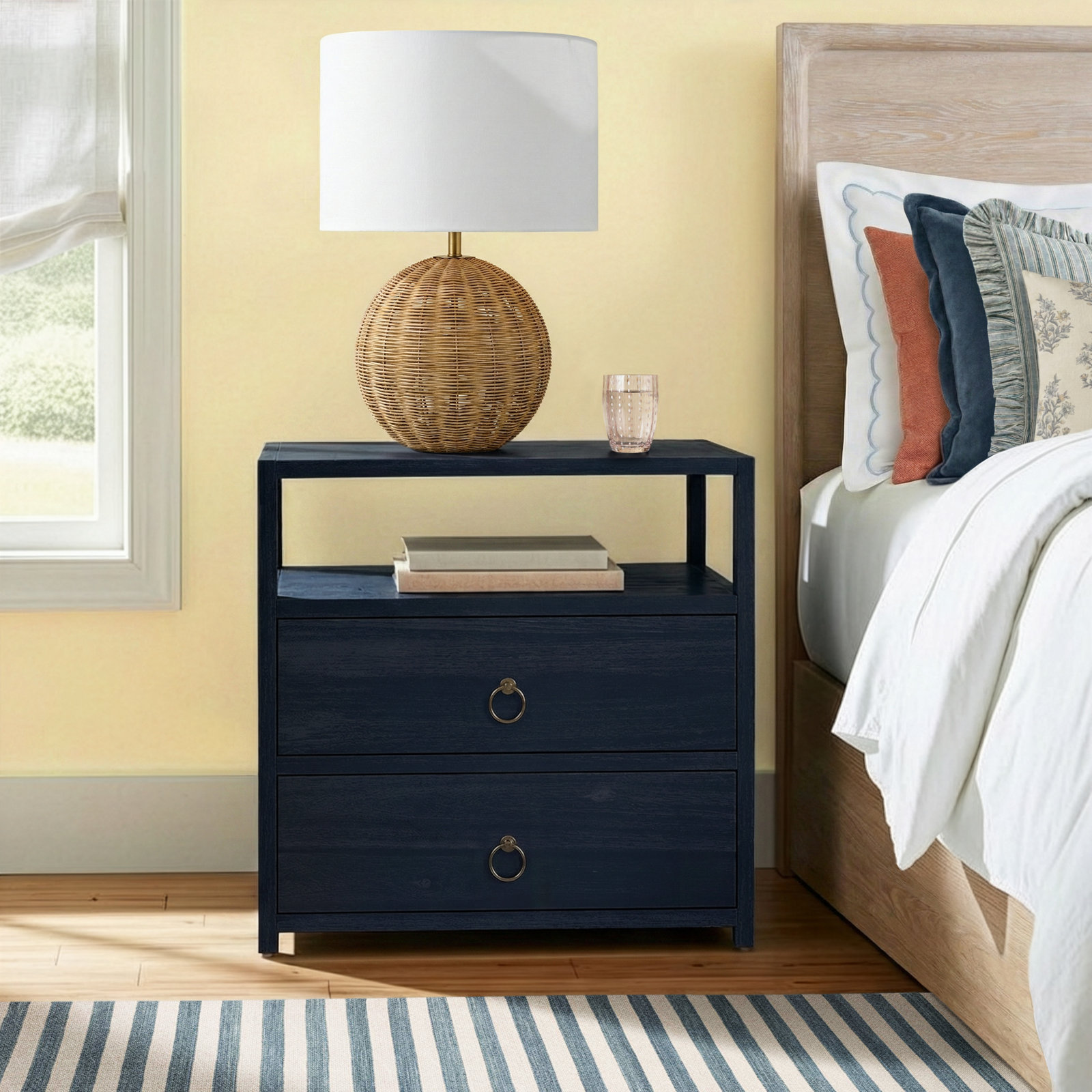 Elin 2-Drawer Acacia Nightstand, Navy Blue