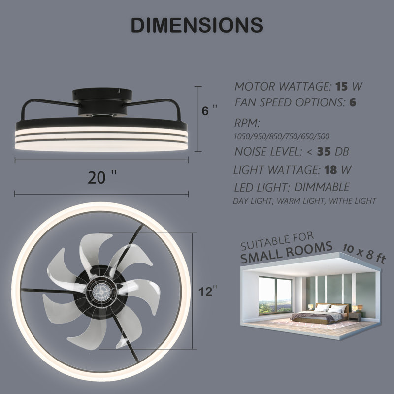 Ventilateur de plafond encastré à profil bas 20 po avec 3 lumières DEL à intensité variable de température de couleur, Noir
