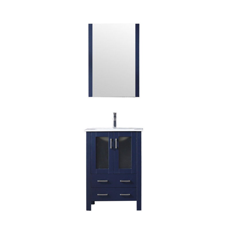 Volez 24 in W x 18.25 in D Single Bath Vanity, White Ceramic Top, 22 in Mirror and Chrome Faucet Set, Navy Blue