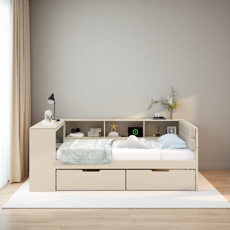 Platform Bed With Storage Shelves, Drawers, Charging Station And Upholstered Headboard, Twin