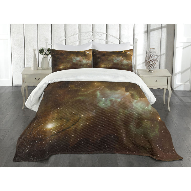 Ambesonne Constellation Bedspread Set Nebula Infinity Pale Coffee Mint Green, King Bedspread + 2 Standard Shams