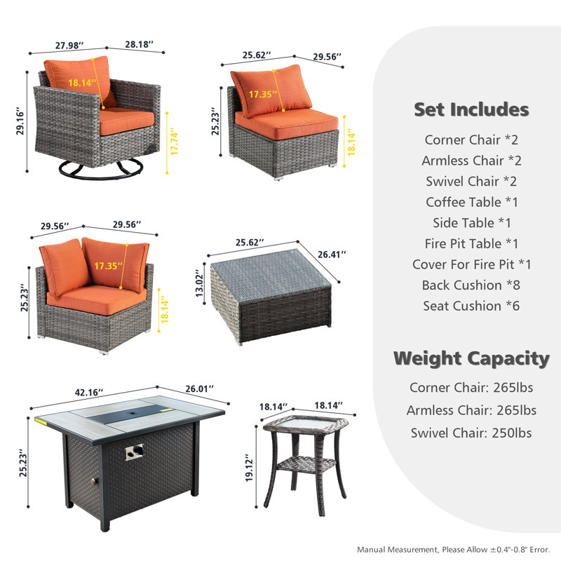 Quinte Premium All-Weather Wicker 6 - Person Patio Conversation Set with Cushions, Orange Red