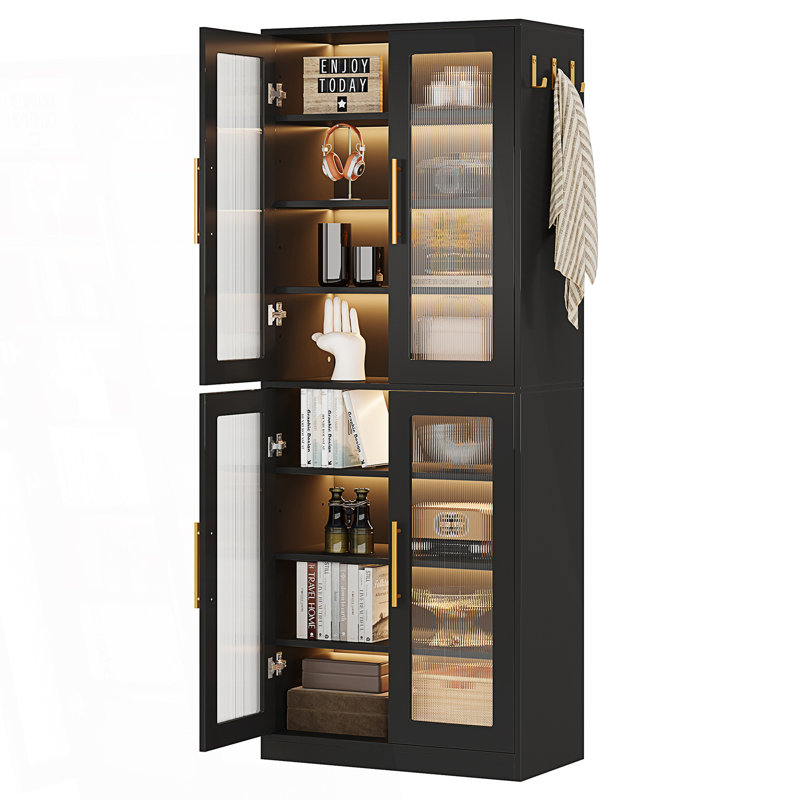 Bookcase With Doors, LED & 8 Adjustable Shelves Storage Cabinet, Accent Cabinet, Black