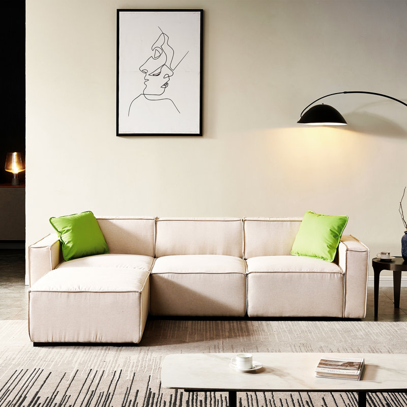 Upholstered L-Shaped Sectional Reversible, Beige 100% Polyester, Right Hand Facing
