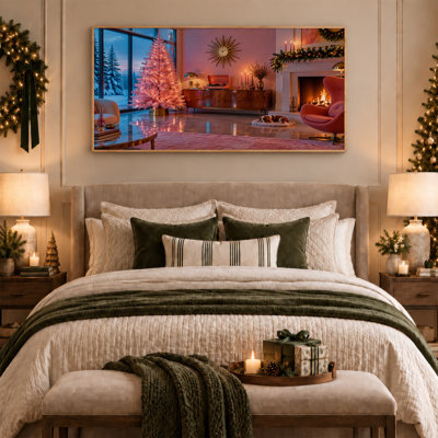 Mid-Century Living Room with Pink Tree and Christmas Canvas Wall Art