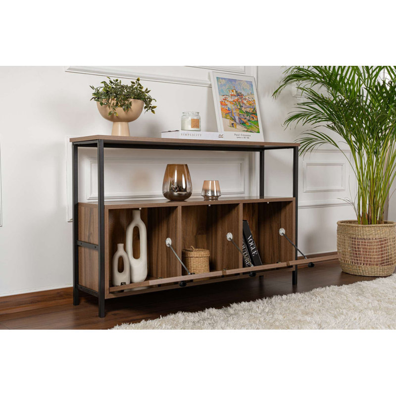 Console moderne, finition noyer et noire, 47,2 po x 30,3 po x 11,8 po | 100% panneau de particules enduit de mélamine, profil en métal thermolaqué électrostatique | Design industriel élégant pour le vestibule et le salon