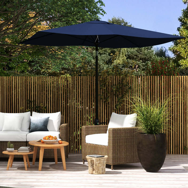 Parasol de patio rectangulaire bleu 6,5 pi x 10 pi, parasol de table d'extérieur avec manivelle facile à utiliser, inclinaison à bouton-poussoir et garde 50 po et 10 po, grand mécanisme robuste et couverture