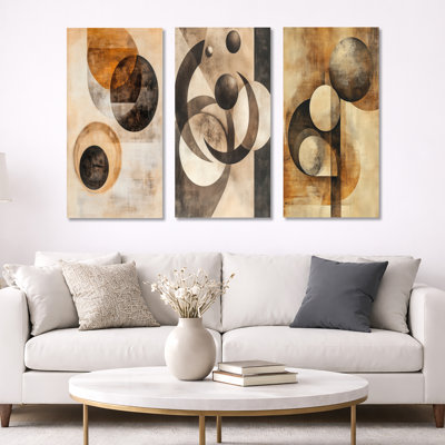 Orbiting Shapes in Sepia Space - Abstract Shapes, impression sur toile 3 pièces
