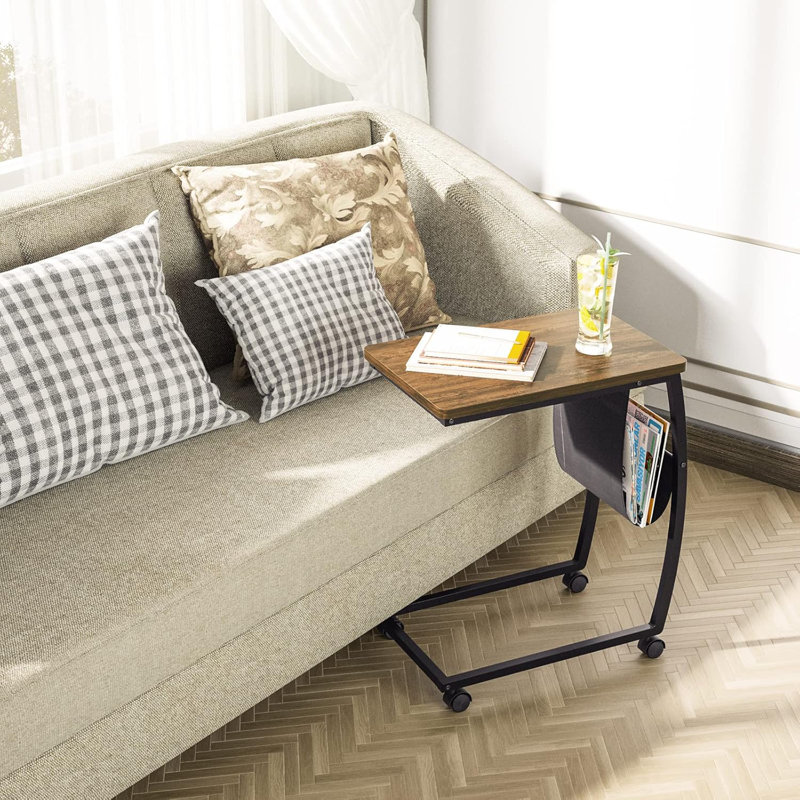 C Shaped End Table With Storage Pocket And Rolling Wheels For Laptop Coffee Snack, Light Walnut