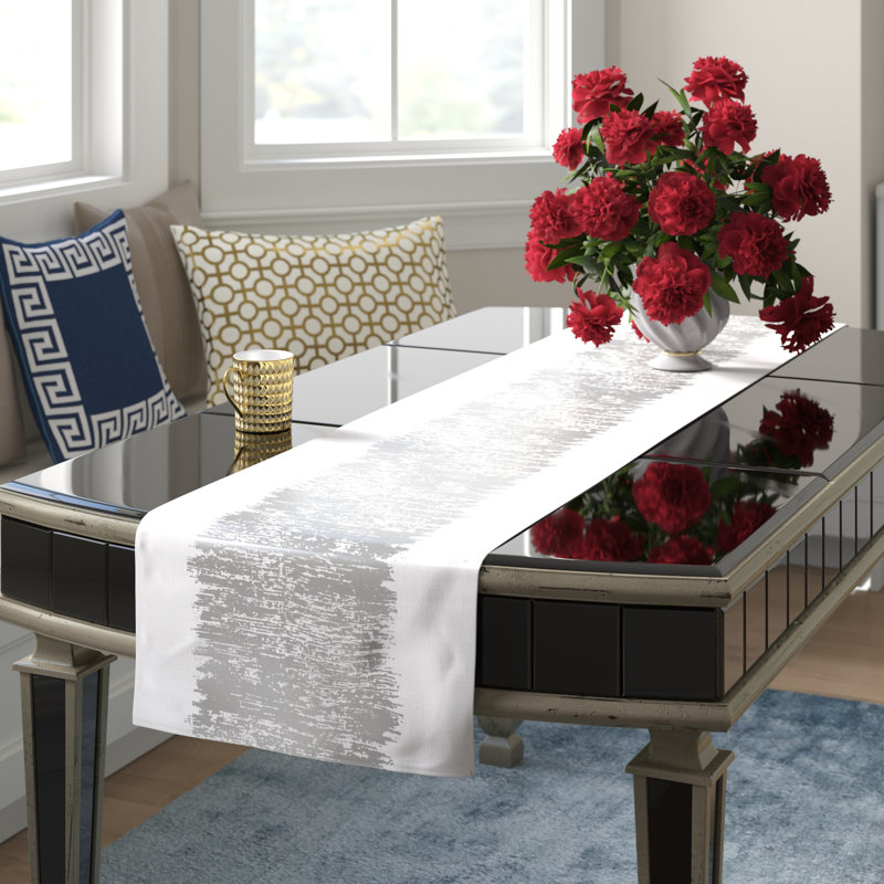 Agatha Metallic Banded Design Table Runner, Silver, 16" x 108"