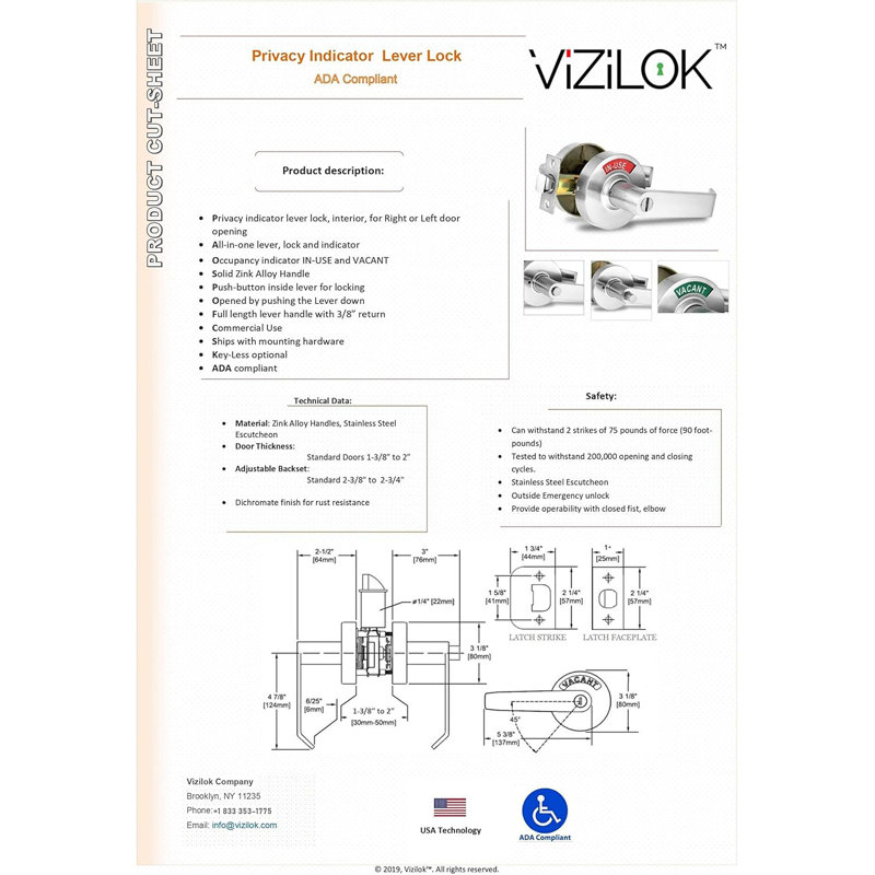 Vizilok ADA Stylish Door Lock Featuring Indicator and 1-Touch Push-Button in Multiple Colours, Left, Chrome