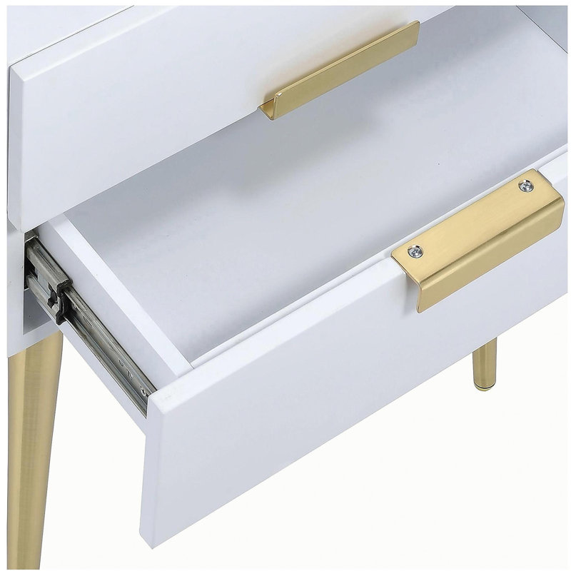 Table d'appoint blanche et dorée avec 2 tiroirs, Blanc