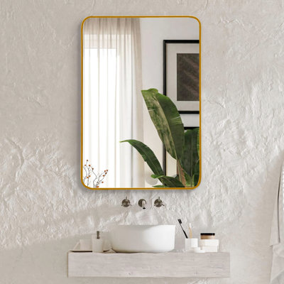 Miroir mural doré de 22 po x 30 po pour décoration de salle de bain - verre de 4 mm de hauteur, cadre principal rouille et remplissage en aluminium