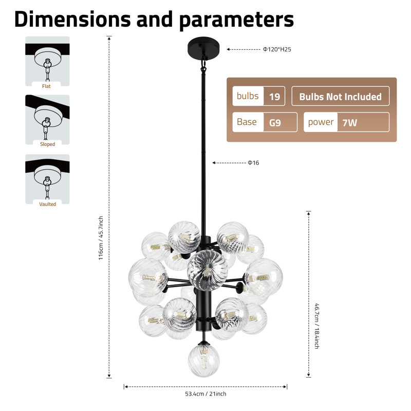 Lustre sphérique nordique moderne à 19 lumières avec globe en verre transparent torsadé pour le salon sans ampoules incluses