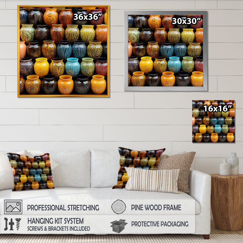 «Yellow Boho Pottery Decor - Abstract Still Lifes», art mural, Cadre simple blanc, H 16 po x l 16 po x P 1 po