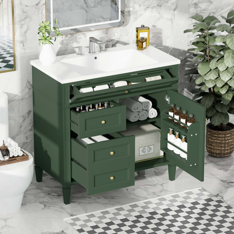 Meuble-lavabo moderne avec lavabo supérieur, 2 tiroirs et un tiroir basculant, Vert