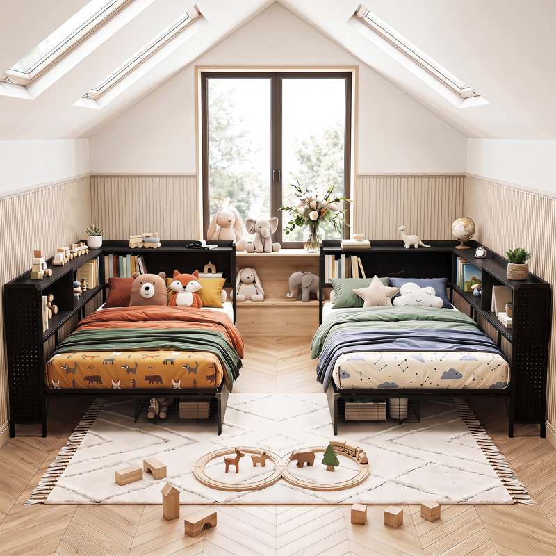 Lit de jour avec 2 tiroirs, lit d'angle avec bibliothèque et base de chargement, lit plateforme en métal pour chambre à coucher, chambre d'amis