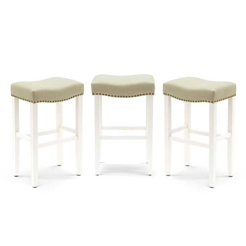 Jameson Upholstered Counter Stool with Solid Wood Frame, Bar Stool (29” Seat Height), Beige Fabric/White Frame