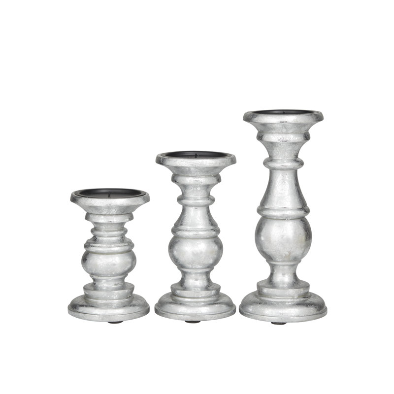 Mango Wood Turned Style Pillar Candle Holders, Silver