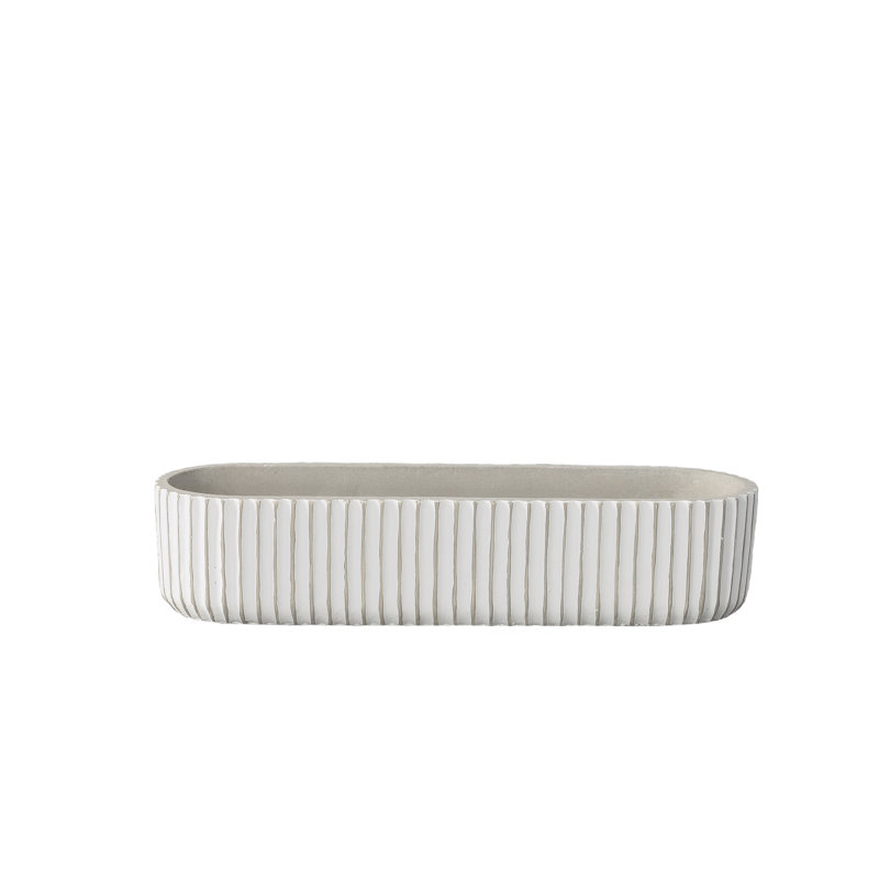 Cement Rectangle Pot with Debossed Column Pattern Design Body MD Painted Finish White, 3.25" H x 4.25" W x 14.5" D