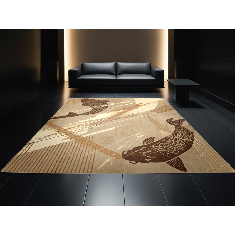 Soft Plush Duppstadt Koi Katana Eclectic Abstract Area Rug in Beige – Beige Binding, 8x12