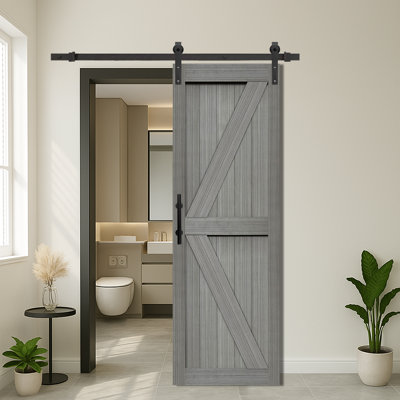 MDF Barn Door Easy Assembly -Solid Slab Covered with Water-Proof PVC Surface with Hardware Kit