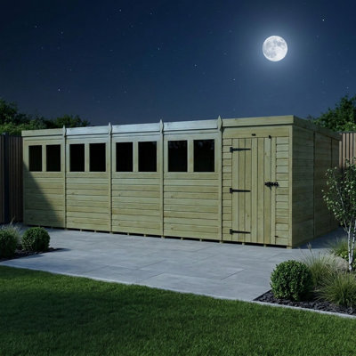 Total Sheds 20ft x 10ft Pent Garden Shed - Single Door - With Windows - Pressure Treated Timber - UK Manufactured
