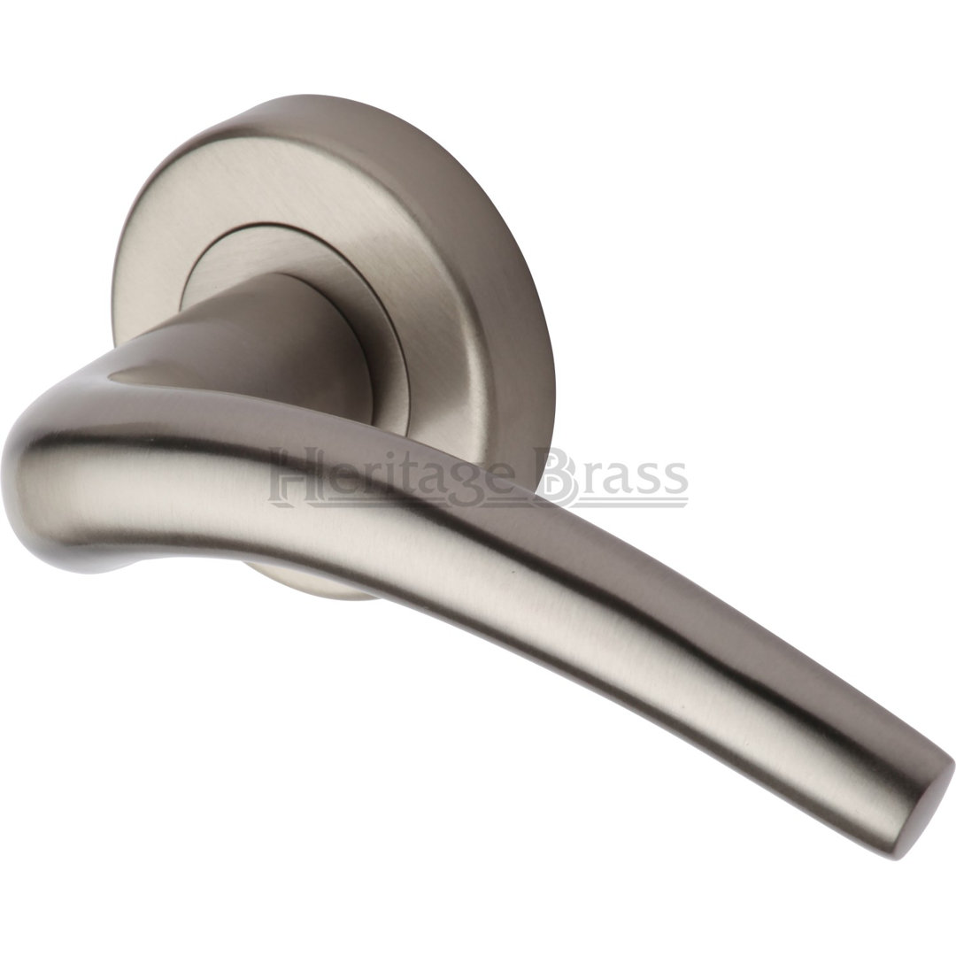 Heritage Brass Door Handle Lever Latch on Round Rose Wing Design
