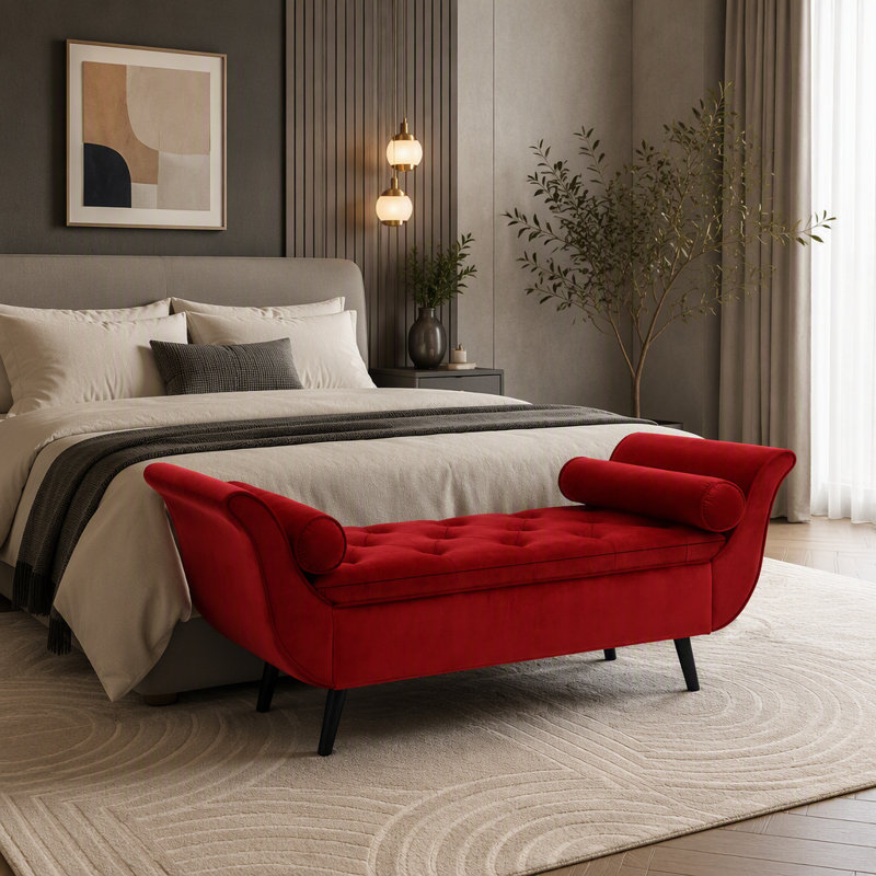 Banc de rangement en velours 66 po avec design rétro, Rouge