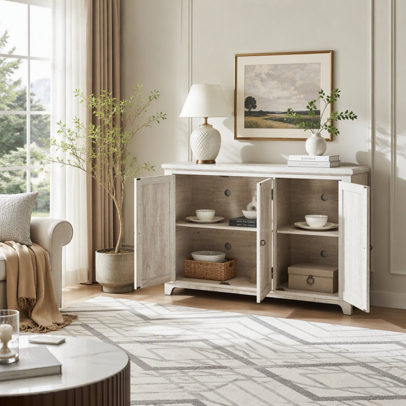 Armoire de rangement autoportante avec portes miroir en acrylique, tablette réglable et comptoir spacieux pour une utilisation polyvalente à la maison